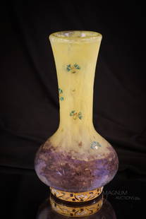 Signed Daum Nancy French Cameo Art Glass 8" Vase: Here's a gorgeous signed, "Daum Nancy" French cameo art glass vase with extraordinary attention to detail. This fine piece measures 8" tall. It has a mottled ground with delicate cornflowers around th