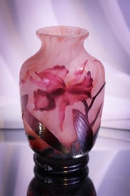 Signed Daum Nancy Wheel Carved Cattaleya Orchid 6" French Cameo Sart Glass Vase