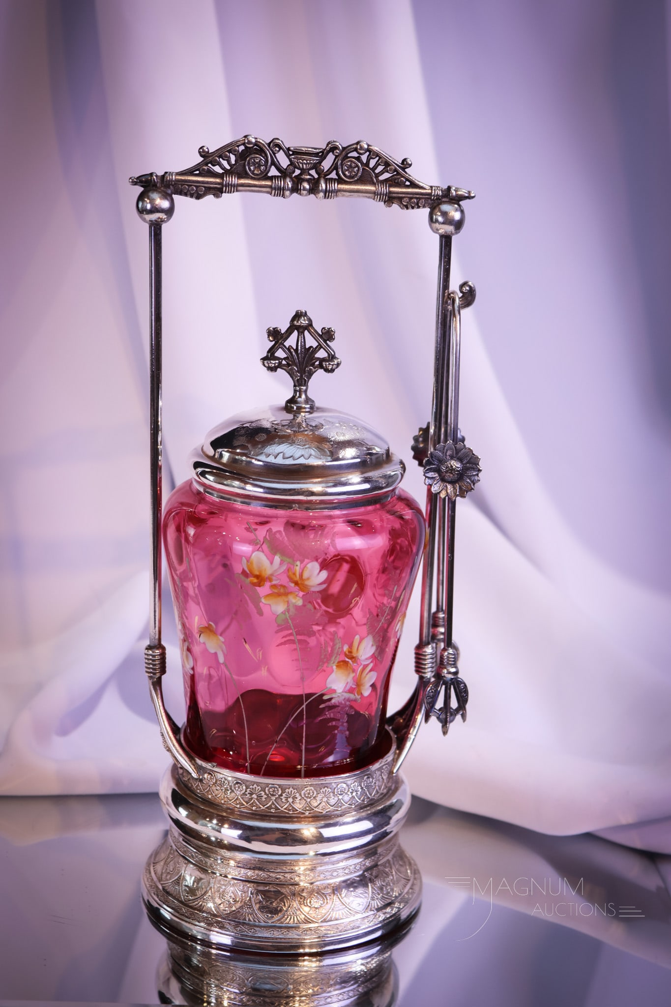 Seneca Silverplate Co. Victorian Cranberry Enameled Victorian Pickle 11 1/2" Castor (1 of 9)