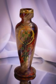 French Signed Legras Tortoise Satin Mottled Gilt & Enameled Glass 8" Vase
