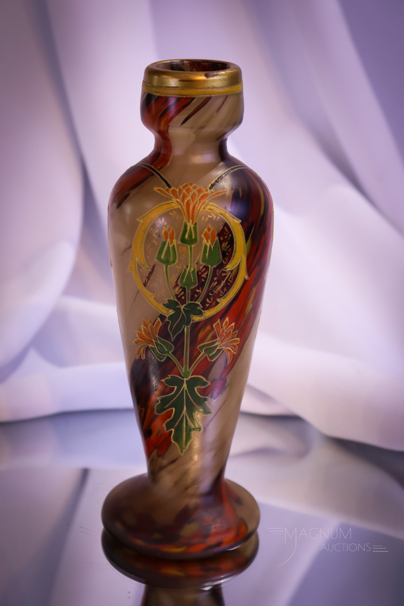 French Signed Legras Tortoise Satin Mottled Gilt & Enameled Glass 8" Vase (1 of 9)