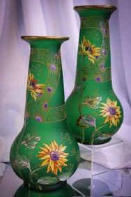 Pair of Legras Mont Joye 12 1/2" Victorian French Art Glass Enameled Sunflower Vases