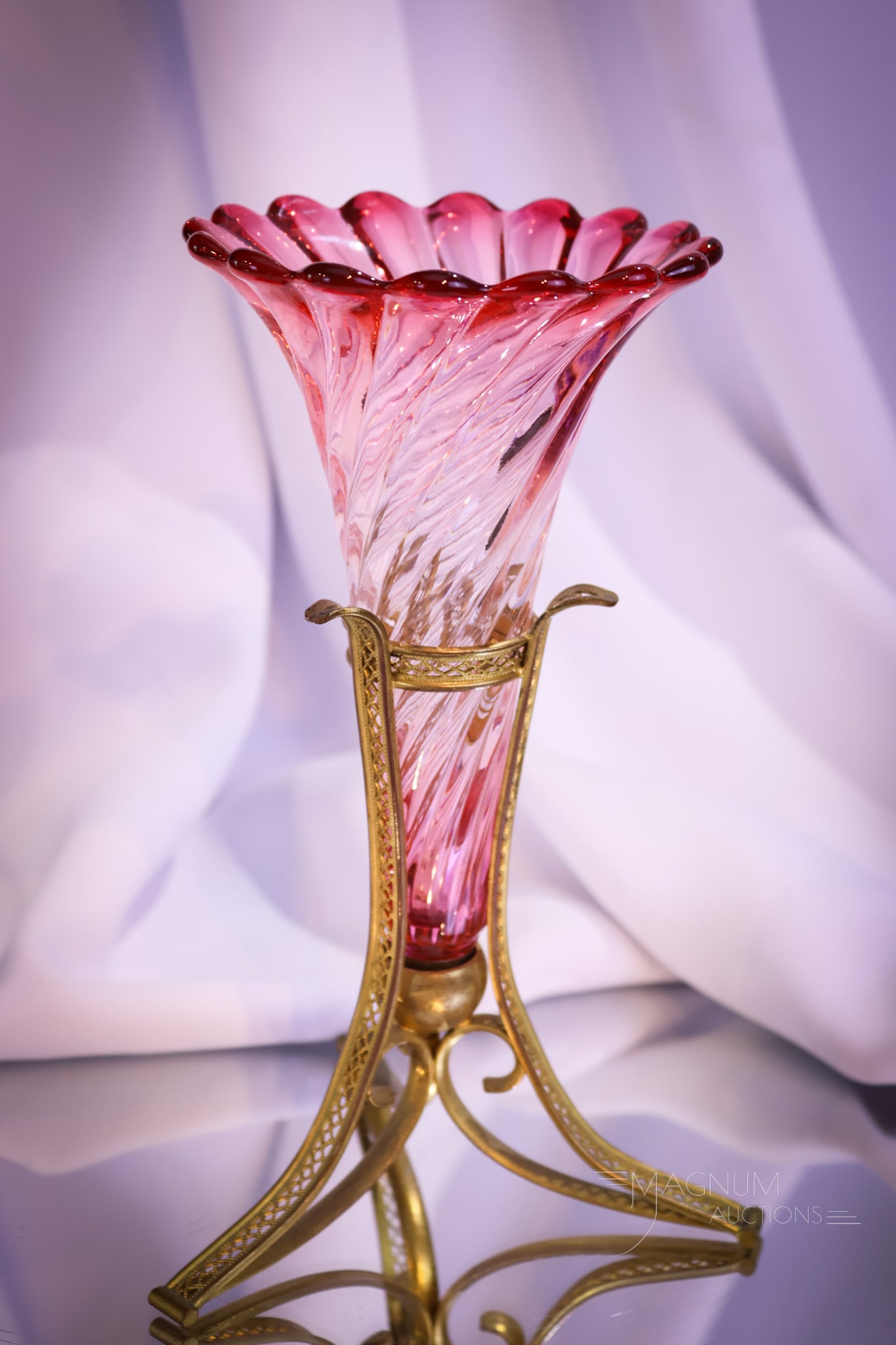 Rare Baccarat Rose Tiente French Art Glass Trumpet Vase in Ormulu Holder (1 of 6)