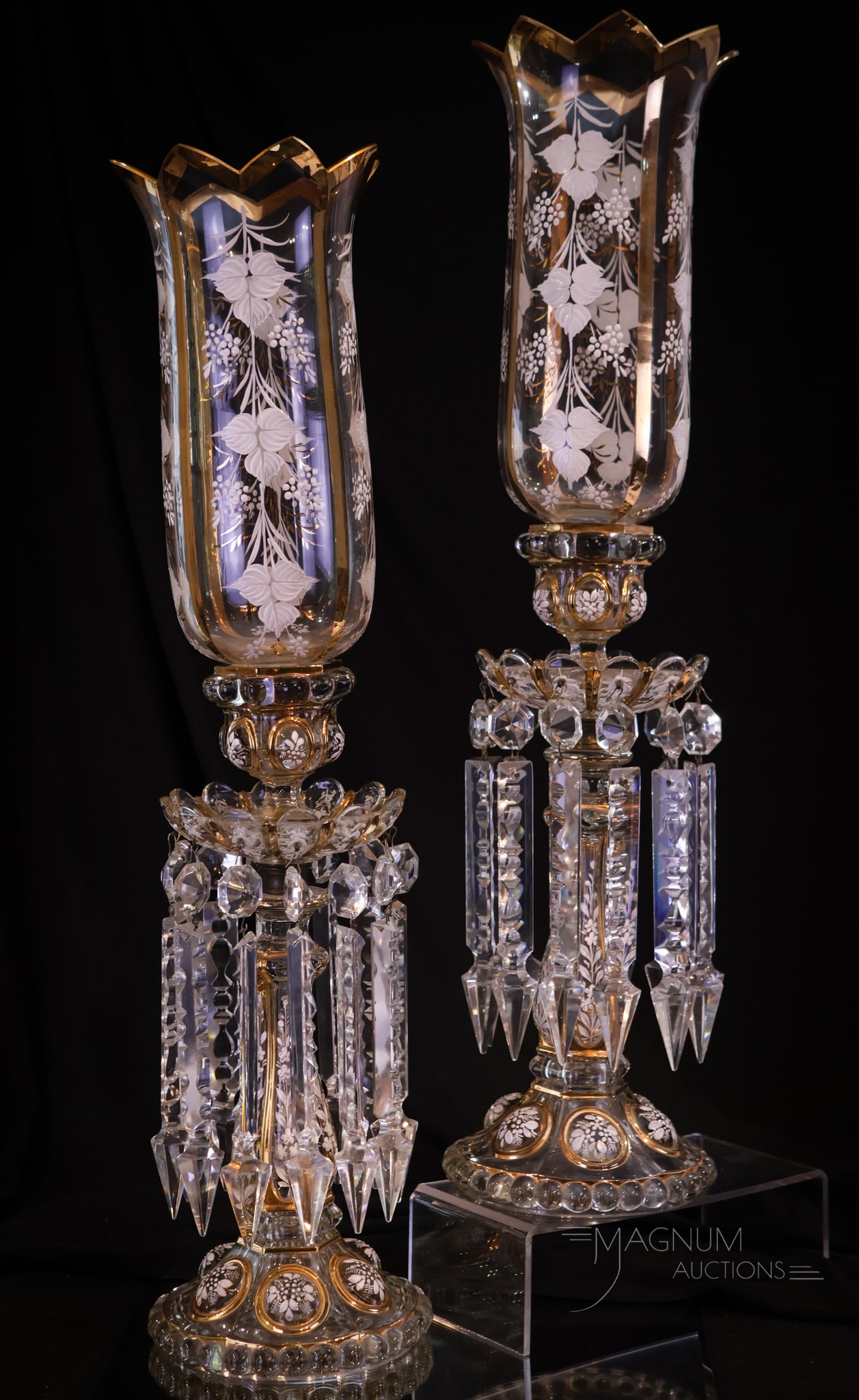 Pair Of French Baccarat Gilt Enameled 23 1/2" Mantle Lusters: A phenomenal pair of perfect Baccarat French art glass crystal Mantle lusters. These are gilt and enamel decorated to the fullest. Wonderful cut spearhead prisms. Each of these fine examples measures