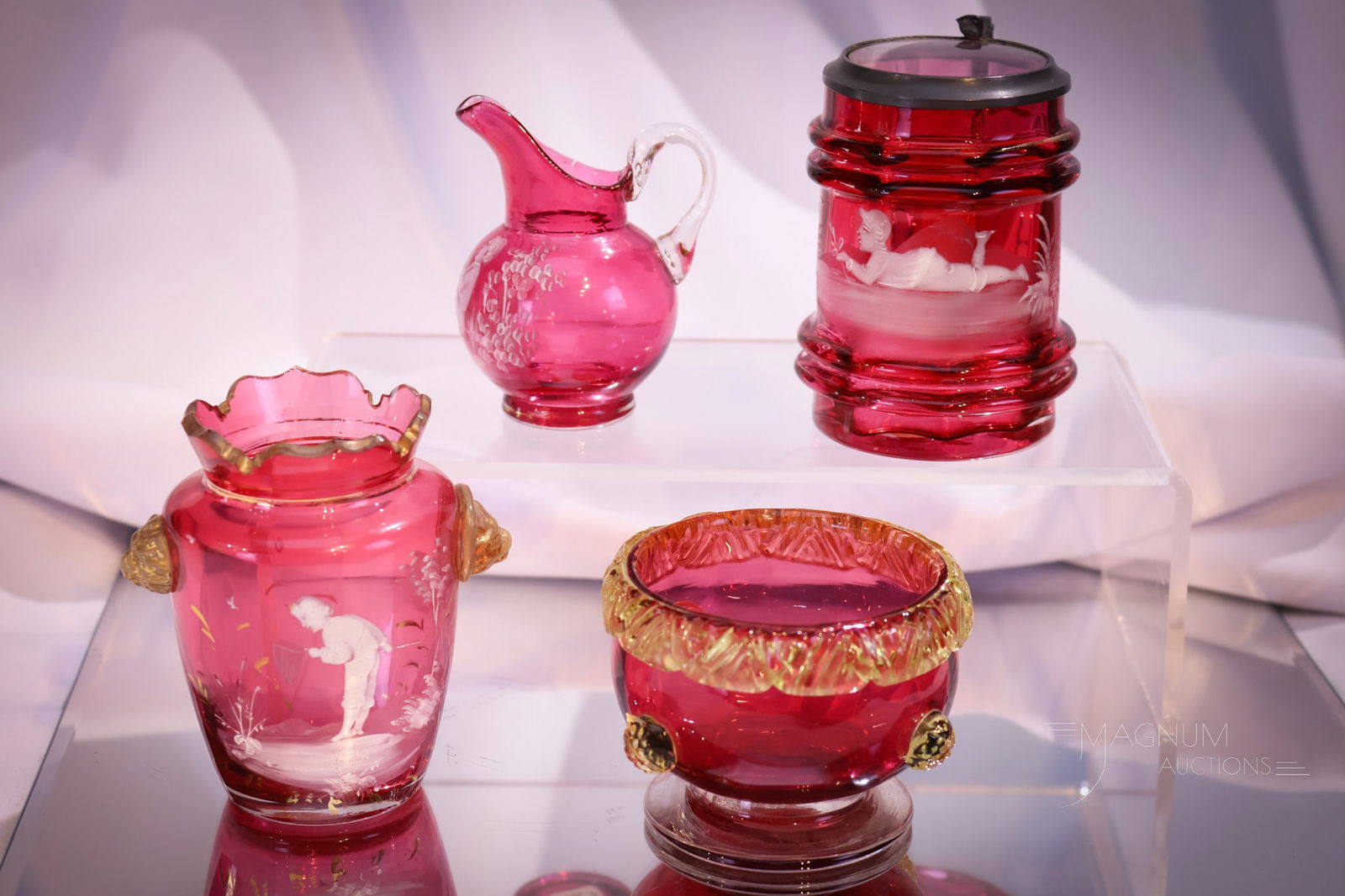 4 pc Lot Cranberry Victorian Glass Smalls Enameled Vaseline & More (1 of 16)