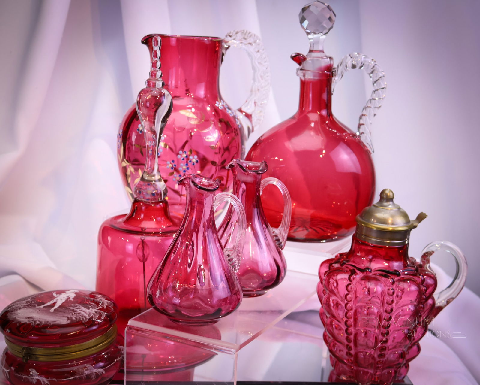 7 pc Lot Cranberry Victorian Glass Mary Gregory Consolidated Wedding Bell & More (1 of 12)