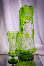 2 pc Lot Mary Gregory Victorian Art Glass 14" Pitcher & Tumbler