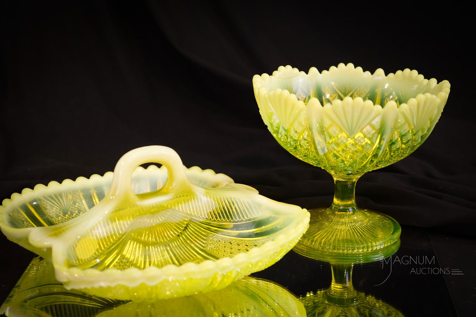 2 pc Lot Davidson Victorian Vaseline Opalescent Glass (1 of 8)