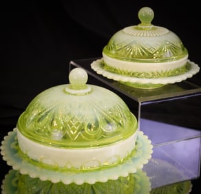 2 pc Lot Davidson Victorian Vaseline Opalescent Glass Butter Dishes