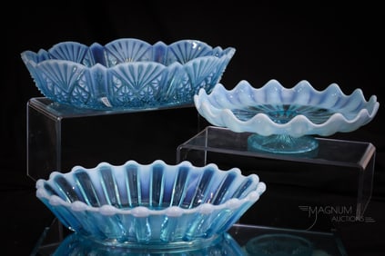 3 pc Lot Davidson Blue Opalescent Victorian Glass