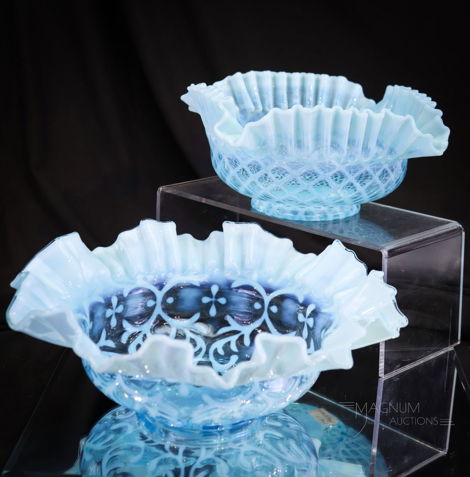 2 pc Lot Northwood Blue Opalescent Victorian Glass Bowls: Two fine Northwood bowls in blue opalescent. The first is a Spanish Lace pattern. The second is a Lattice pattern. The taller of the two measures 3 3/4" tall, 10 1/4" wide.