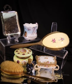 7 pc Lot Vanity Dresser Items Nippon Hand Mirror & Brush Perfume Victoriana & More