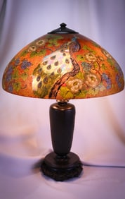 Rare Gilt Handel Peacock Reverse Obverse Painted Antique Table Lamp