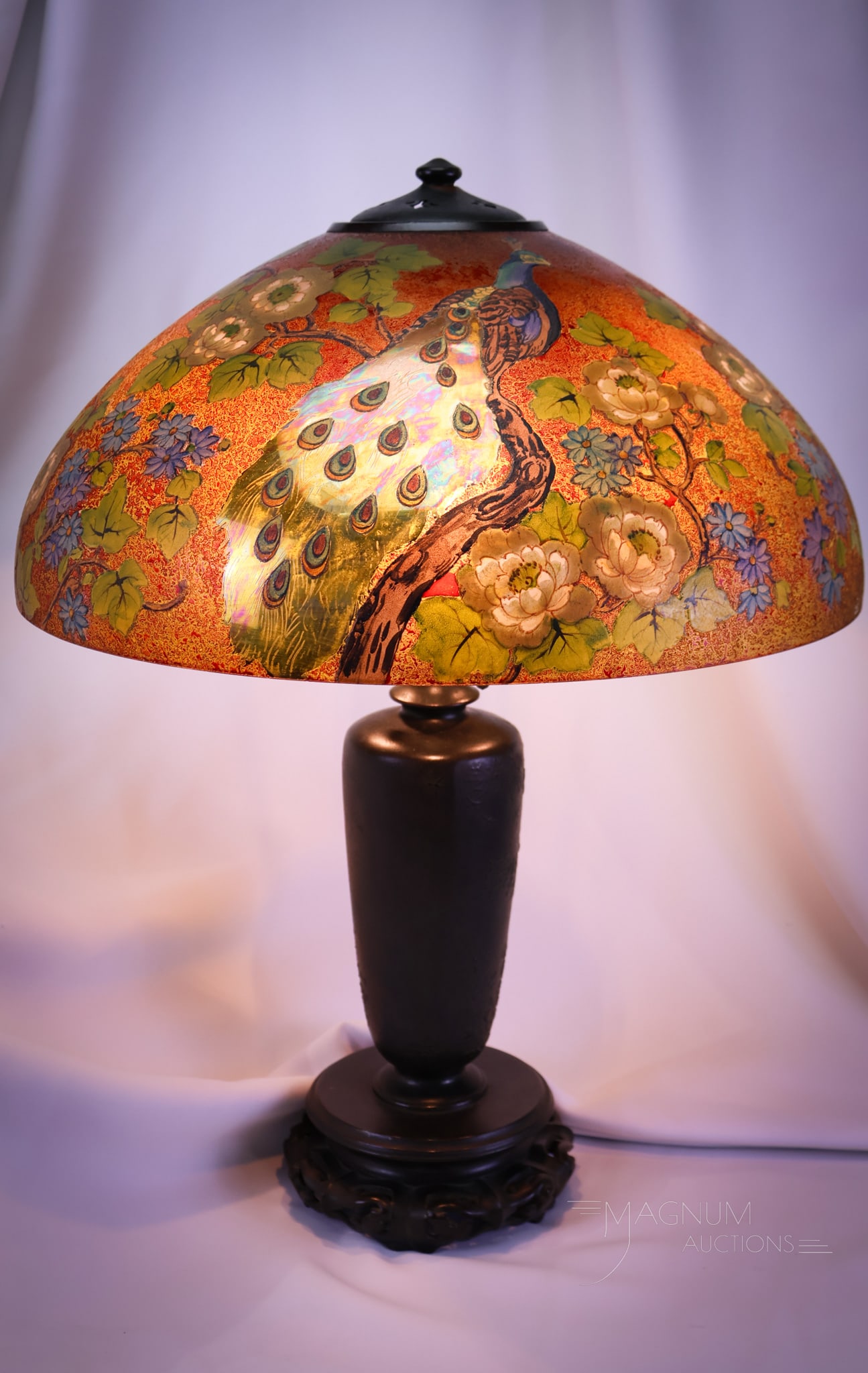 Rare Gilt Handel Peacock Reverse Obverse Painted Antique Table Lamp (1 of 17)