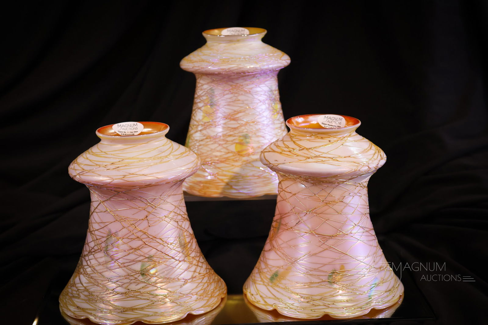 3 pc Set Quezal Threaded Leaf & Vine Antique Art Glass Iridescent Shades (1 of 7)