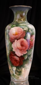 17 1/2" Huge Hand Painted Porcelain Roses Artist Signed Vase