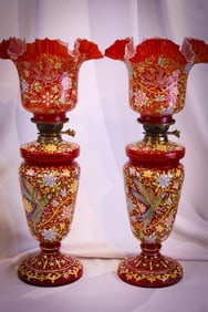Fantastic Pair 27" Bohemian Cased Enameled Glass Chinese Red Oil Lamps
