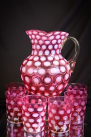 7 pc Northwood Cranberry Opalescent Victorian Glass Water Set