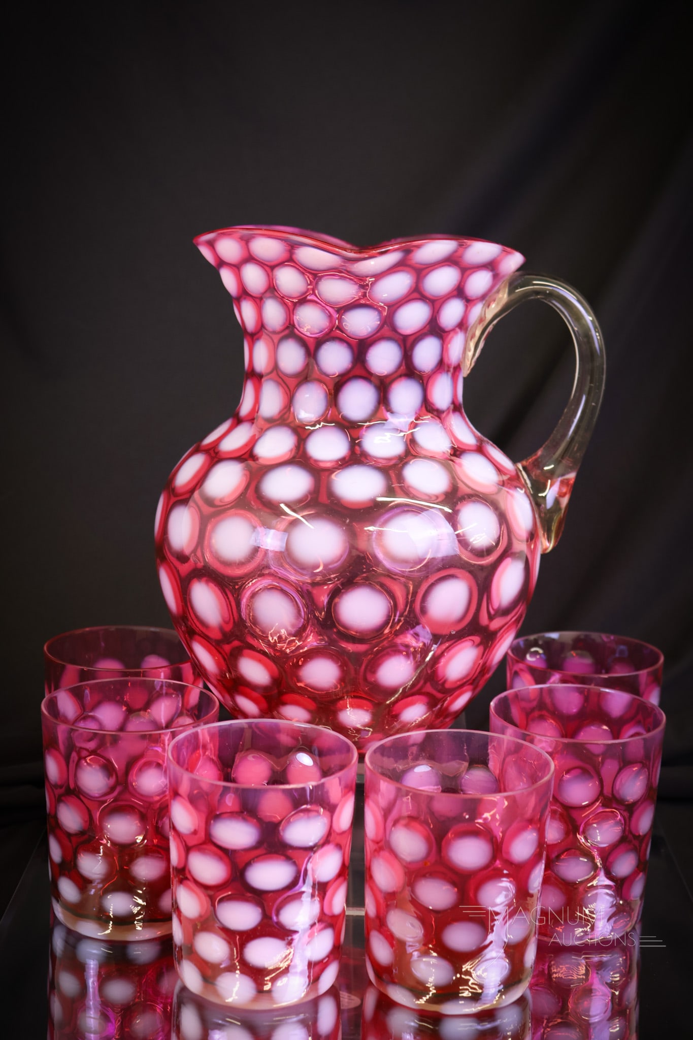 7 pc Northwood Cranberry Opalescent Victorian Glass Water Set
