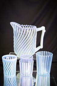 4pc Lot Blue Opalescent Beatty Victorian Glass Pitcher Tumbler & More
