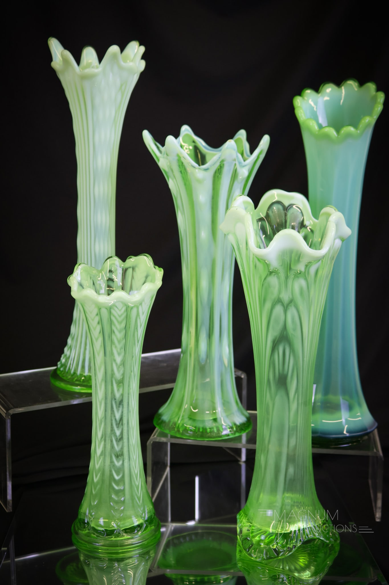 5 pc Lot Victorian Green Opalescent Swung Vases Jefferson & More (1 of 12)