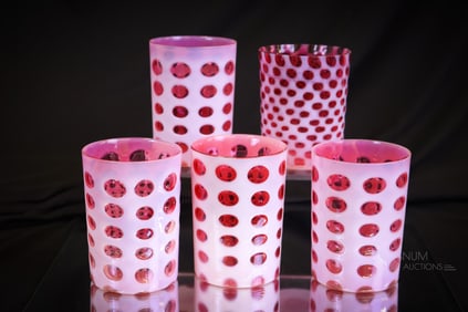 5 pc Lot Victorian Cranberry Opalescent Glass Tumblers