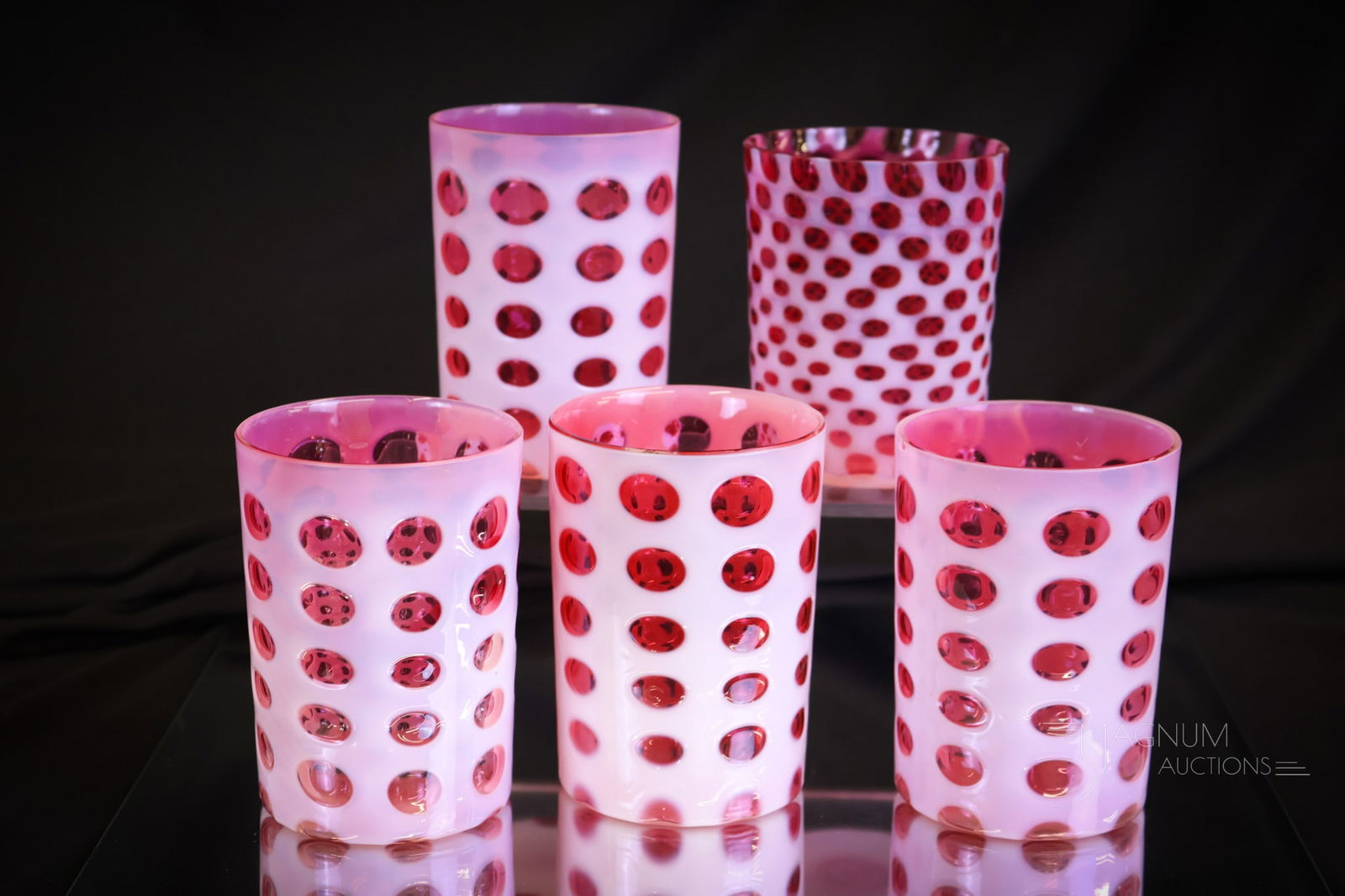 5 pc Lot Victorian Cranberry Opalescent Glass Tumblers: Five selections in Victorian cranberry opalescent tumblers that are sure to please. This lot offers four in the Polka Dot pattern and one in the Windows pattern. The largest measures 4"" tall, 2 3/4""