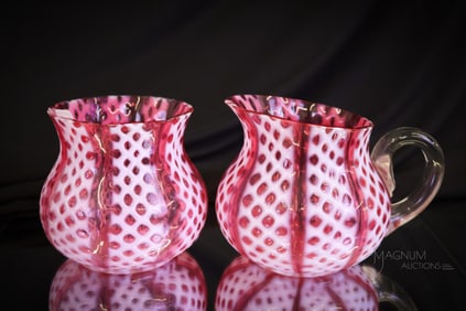 2 pc Lot Cranberry Opalescent Victorian Consolidated Criss Cross Glass