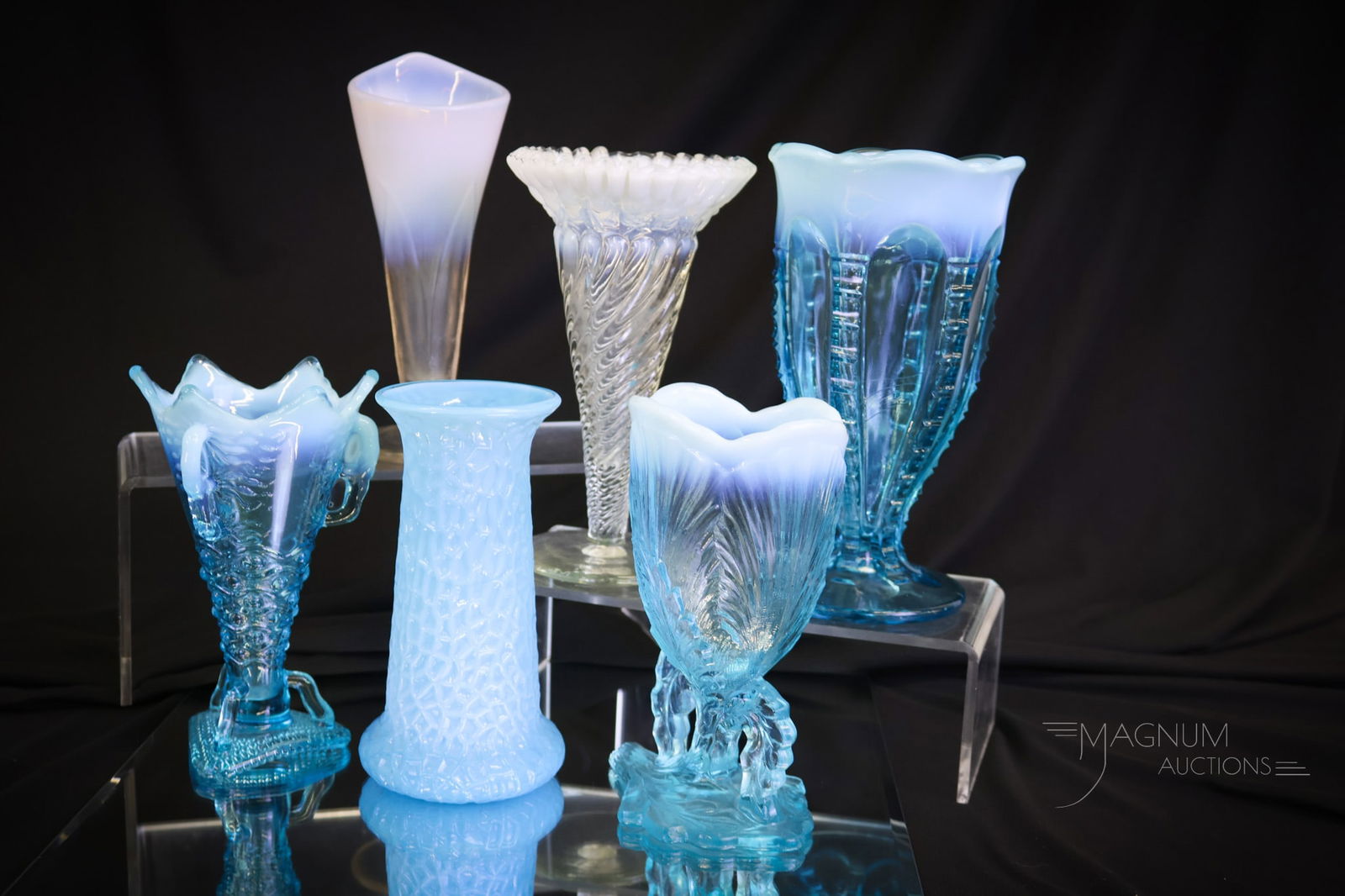6 pc Lot Victorian Opalescent Glass Vases Dugan & More (1 of 13)
