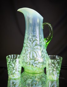3 pc Lot Northwood Green Opalescent Victorian Glass Pitcher & Tumblers