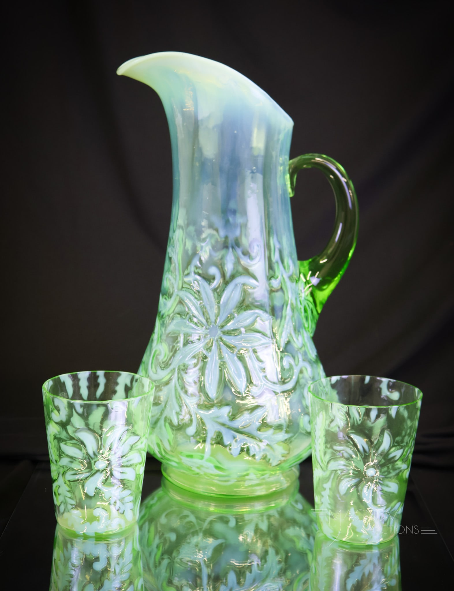 3 pc Lot Northwood Green Opalescent Victorian Glass Pitcher & Tumblers (1 of 8)