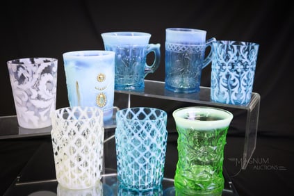 8 pc Lot Northwood Victorian Opalescent Glass Tumblers & Mugs