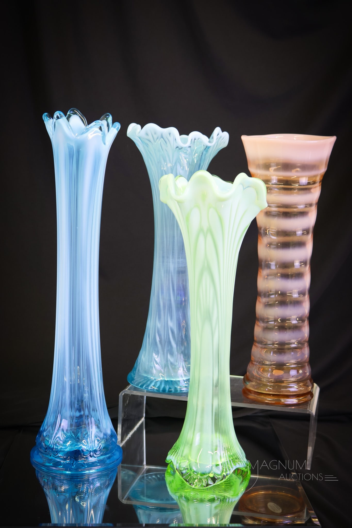 4 pc Lot Fenton Jefferson Victorian Opalescent Glass Swung Vases: Four finds that are sure to please in this lot of Victorian opalescent swung vases. Patterns represented are Tokyo by Jefferson and Cameo Opal Rings by Fenton. The largest measures 14"" tall and 4"" w