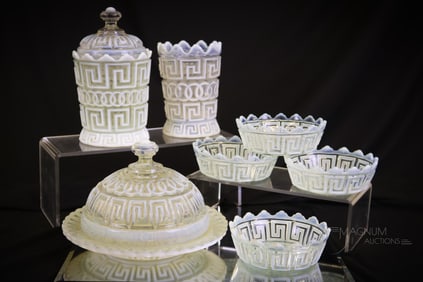 7 pc Lot Fostoria Nickel Plate Double Greek Key Victorian Glass
