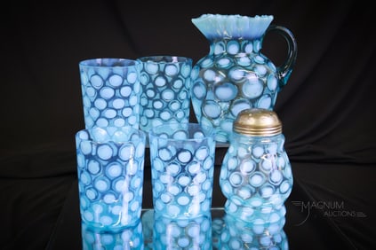 6 pc Lot Northwood Blue Opalescent Victorian Glass Sugar Shaker Tumblers & More