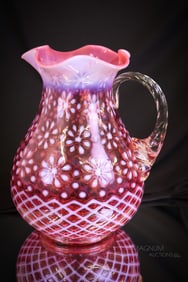 Rare Northwood Cranberry Opalescent Christmas Snowflake Victorian Glass Water Pitcher