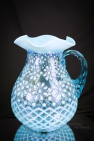 Rare Northwood Blue Opalescent Christmas Snowflake Victorian Glass Pitcher