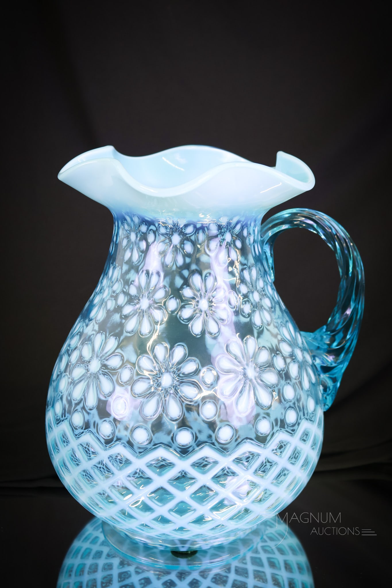 Rare Northwood Blue Opalescent Christmas Snowflake Victorian Glass Pitcher (1 of 5)