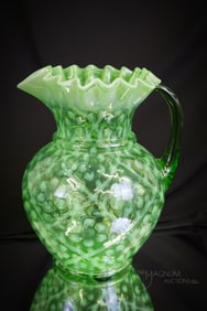 Scarce Green Opalescent Daisy in Criss Cross Victorian Glass Water Pitcher