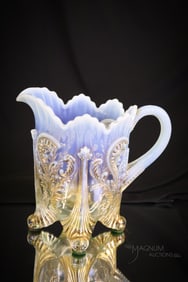 Northwood Inverted Fan & Feather Gilt Victorian Opalescent Glass Water Pitcher