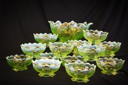 14 pc Vaseline Opalescent Northwood Everglades Victorian Berry Set