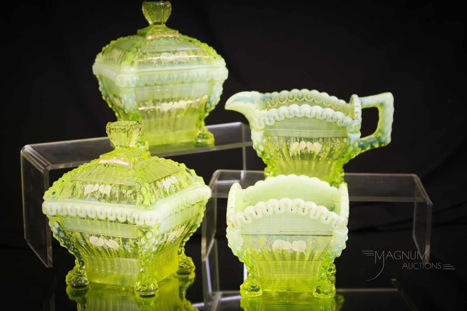 4 pc Northwood Vaseline Opalescent Decorated Victorian Glass (1 of 18)