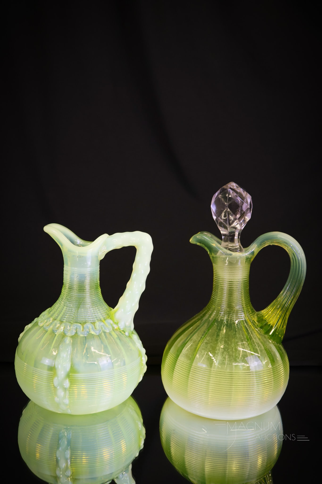 2 pc Lot Northwood Vaseline Opalescent Victorian Glass Cruets Jackson & Alaska (1 of 11)