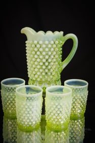 5 pc Northwood Vaseline Opalescent Hobnail with Thumbprint Victorian Glass Water Set
