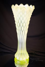 Very Rare Northwood Vaseline Hobnail with Thumbprint Opalescent Swung Vase