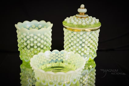 3 pc Lot Northwood Vaseline Opalescent Hobnail with Thumbprint Victorian Glass