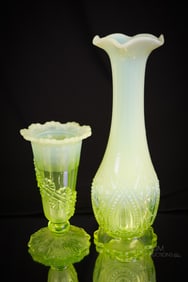 2 pc Lot Northwood Victorian Vaseline Opalescent Glass Vases