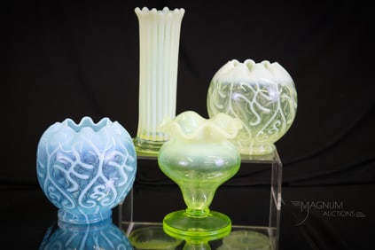 4 pc Lot Victorian Opalescent Glass Vases and Rose Bowls Vaseline & More