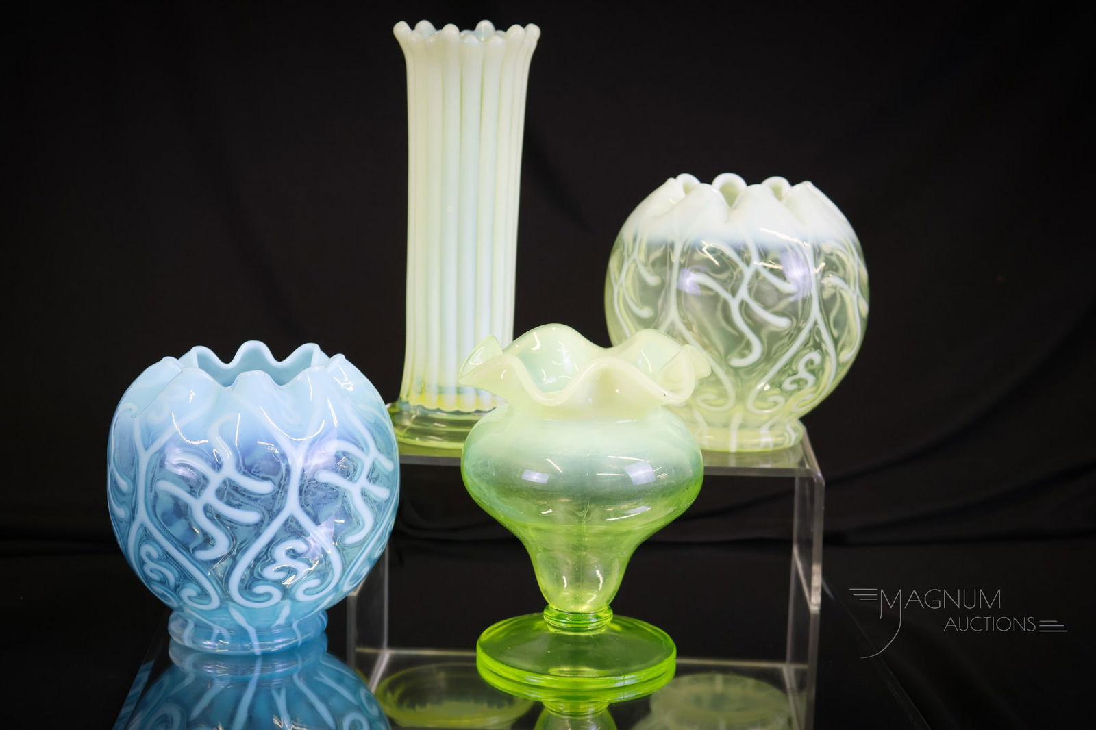 4 pc Lot Victorian Opalescent Glass Vases and Rose Bowls Vaseline & More: A nice assortment of Victorian opalescent glass in this offering. This lot includes a vaseline opal Many Ribs Vase. A vaseline opal Tut Vase. And lastly two Alhambra rose bowls in blue and vaseline op