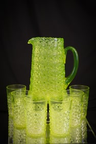 7 pc Victorian Vaseline Daisy & Button Vaseline Glass Water Set